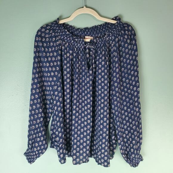 Faherty Womens Navy Blue Emery Print Blouse Top Size Large Lotus Floral - Picture 1 of 8